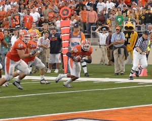 Hicks returning his forced fumble for a touchdown against Iowa