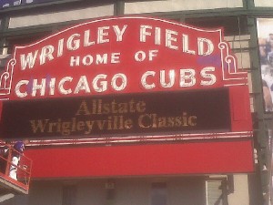 wrigley marquee gets purple paint