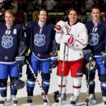 Patrick Kane, Duncan Keith, Patrick Sharp, Jonathan Toews and Joel Quenneville at the 2011 All Star Game