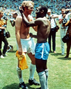 Pele and British captain Bobby Moore trade jerseys