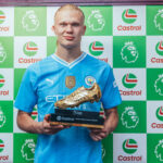 Erling Haaland of Manchester City poses with his Golden Boot Trophy following the victory in the Premier League match between Manchester City and West Ham United at the Etihad Stadium, Manchester, England. Sunday 19th May 2024. (Photo by Tom Barton/Manchester City FC)