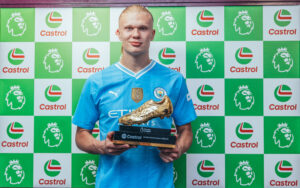 Erling Haaland of Manchester City poses with his Golden Boot Trophy following the victory in the Premier League match between Manchester City and West Ham United at the Etihad Stadium, Manchester, England. Sunday 19th May 2024. (Photo by Tom Barton/Manchester City FC)