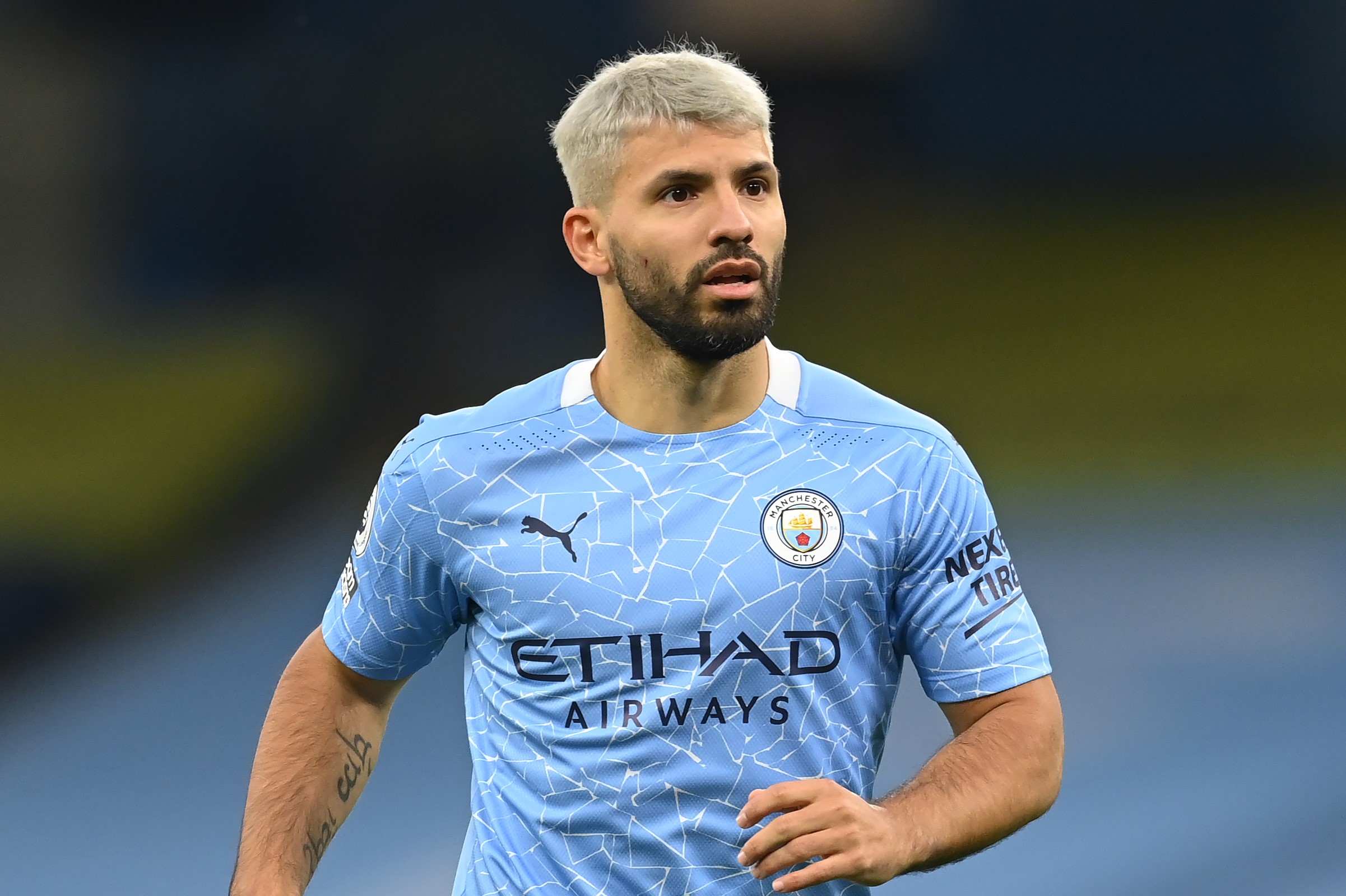 manchester city blue hair aguero otamendi