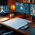 an image of a work desk with several screens and fantasy football on them