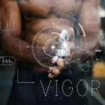 Muscular athlete with chalked hands and digital vigor performance overlays