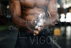 Muscular athlete with chalked hands and digital vigor performance overlays