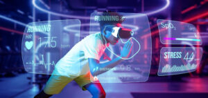 Runner wearing VR headset training with digital fitness overlays