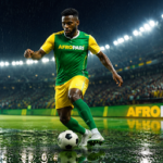 football player dribbling the ball in the rain on a lit stadium field