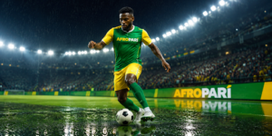 football player dribbling the ball in the rain on a lit stadium field