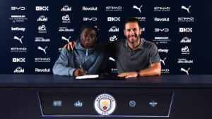 Jeremy Monga signs for Manchester City at Manchester City Football Academy on July 10, 2026 in Manchester, England. (Photo by Manchester City FC)